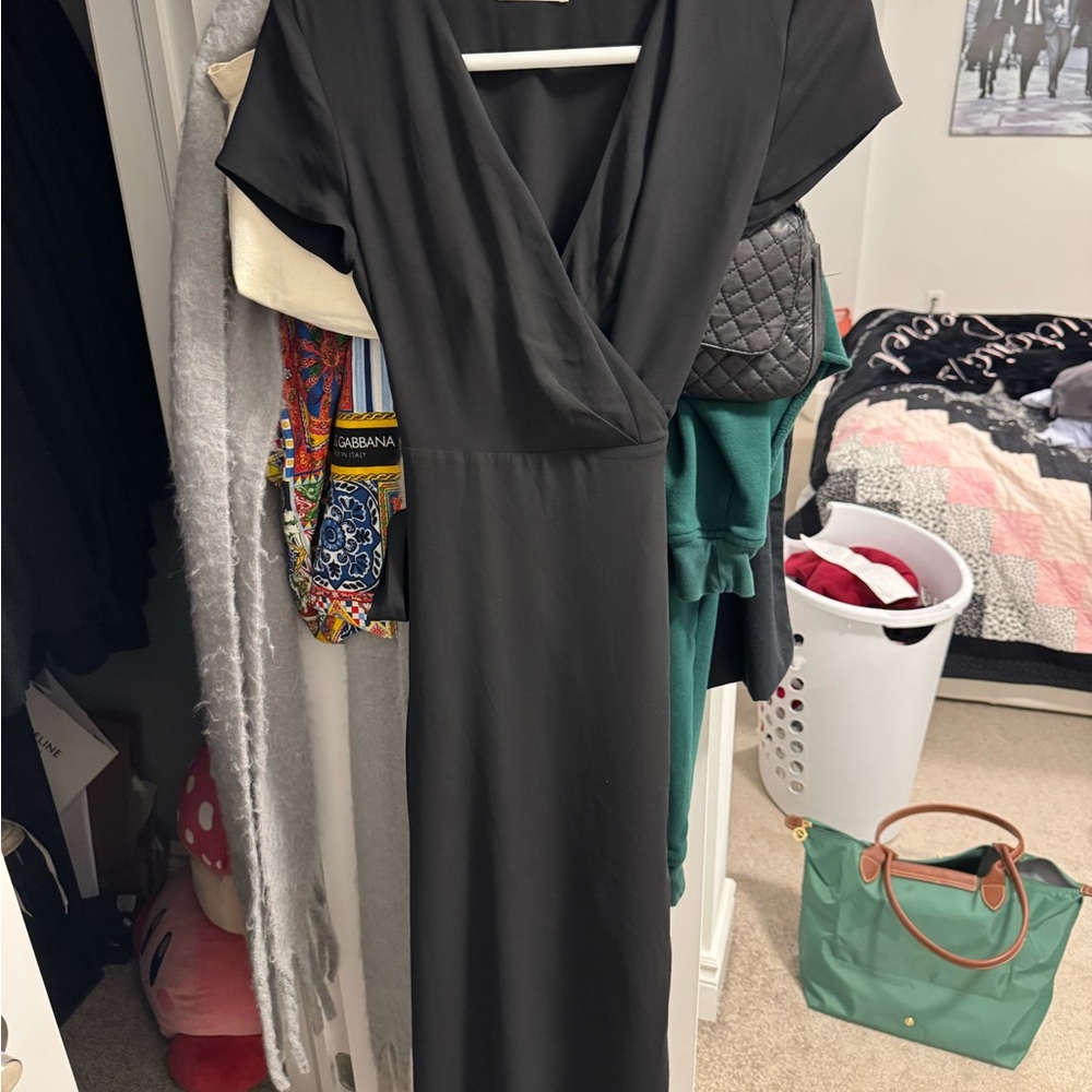 Babaton Black Ruched Wrap Maxi Dress